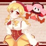  beret blonde_hair breasts charlotte_(madoka_magica) detached_sleeves drill_hair fingerless_gloves gloves hair_ornament hand_on_own_chest hand_to_chest hat inanosuke magical_girl mahou_shoujo_madoka_magica pleated_skirt puffy_sleeves skirt smile tomoe_mami yellow_eyes 