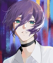  1girl absurdres beri_0214 black_choker chainsaw_man choker commentary green_eyes grenade_pin hair_between_eyes hair_bun highres medium_hair parted_lips purple_hair reze_(chainsaw_man) shirt solo white_shirt 