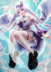  1girl absurdres black_shoes blue_sky bow braid breasts commentary_request commission double_bun elia_stellaria feathered_wings feathers flying garter_straps hair_bow hair_bun hairband highres hinata_habi indie_virtual_youtuber jacket long_hair open_mouth purple_skirt shirt shoes skeb_commission skirt sky sleeveless sleeveless_shirt smile solo thigh-highs thighs twin_braids violet_eyes virtual_youtuber white_hair white_shirt white_thighhighs white_wings wings 