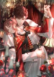  1boy 1girl absurdres belt black_bow blurry blurry_background bow brown_hair candle candlestand closed_mouth curtained_hair curtains depth_of_field dress flower game_cg hand_grab hetero highres holding_hands indoors interlocked_fingers jacket jewelry light_and_night_love long_sleeves lu_chen non-web_source official_art parted_lips pink_hair protagonist_(light_and_night_love) red_eyes red_flower red_jacket red_rose ring rose shirt vest white_shirt 