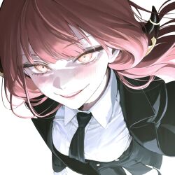  1girl aru_(blue_archive) black_coat black_skirt blue_archive blush breasts buttons cheesecake_(user_73633899) coat collared_shirt commentary_request demon_girl demon_horns evil_grin evil_smile feet_out_of_frame floating_hair from_above grin highres horns lapels large_breasts long_sleeves looking_at_viewer necktie nose open_clothes open_coat red_hair shirt simple_background skirt smile solo suit white_background white_shirt yellow_eyes 