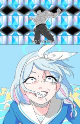  1boy 1girl absurdres arona_(blue_archive) blue_archive blue_hair blue_shirt bow clenched_teeth closed_mouth colored_inner_hair commentary_request derivative_work envelope gacha_suffering hair_bow hairband highres ice_dead_ice jujutsu_kaisen korean_commentary multicolored_hair muscular pink_hair pyroxene_(blue_archive) recruitment_(blue_archive) scene_reference school_uniform screenshot_redraw serafuku shirt teeth topless_female white_bow white_hairband wide-eyed zen'in_maki zen'in_ranta 