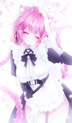  1girl ;3 absurdres animal_ears bell black_dress black_ribbon blush braid breasts center_frills cherry_blossoms claw_pose closed_mouth collared_dress commentary dress eyeshadow frilled_dress frills gloves hair_intakes hair_ornament hairclip highres hololive hololive_english jingle_bell keyring large_breasts leaning_to_the_side long_hair looking_at_viewer maid_headdress makeup miori_0 multicolored_hair one_eye_closed panther_ears panther_girl panther_tail petals pink_eyeshadow pink_hair pink_tail raora_panthera raora_panthera_(maid) ribbon smile solo streaked_hair tail thighs twin_braids two-tone_hair virtual_youtuber white_dress white_gloves white_hair yellow_eyes zipper 