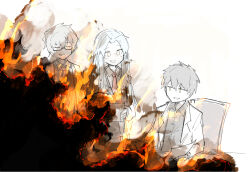  1girl 2boys =_= angela_(project_moon) aqua_hair ayin_(project_moon) benjamin_(project_moon) black_hair black_shirt burning buttons chair coat collared_shirt fire glasses hands_in_pockets holding holding_paper kankan33333 lab_coat library_of_ruina lobotomy_corporation long_coat long_hair long_sleeves looking_at_another multiple_boys necktie open_clothes open_coat open_hand paper project_moon red_necktie semi-rimless_eyewear shirt sidelocks simple_background sitting smile smoke spoilers table vest white_background white_coat white_shirt yellow_eyes 