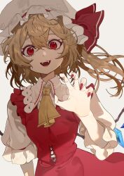  1girl absurdres blonde_hair collared_shirt commentary_request crystal crystal_wings dress fingernails flandre_scarlet frilled_shirt_collar frills hair_between_eyes hat highres long_fingernails long_hair looking_at_viewer mob_cap multicolored_wings one_side_up open_mouth pinafore_dress reaching reaching_towards_viewer red_dress red_eyes red_nails sharp_fingernails shimiya_jin shirt sleeveless sleeveless_dress smile solo touhou white_hat white_shirt wings 