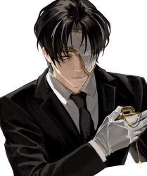  1boy black_hair black_jacket black_necktie breast_pocket closed_mouth commentary_request explosion gloves gold_trim highres icco_ho jacket limbus_company male_focus necktie pager parted_bangs pocket project_moon rien_(project_moon) simple_background solo upper_body white_background white_gloves white_mask yellow_eyes 