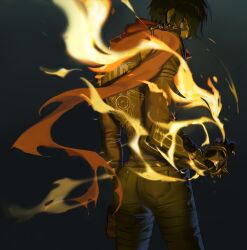  1boy absurdres black_gloves black_jacket black_pants commentary_request fire from_behind gloves green_hair highres jacket lighter_(zenless_zone_zero) looking_at_viewer looking_back looking_over_eyewear male_focus pants pouch rame0130 red_scarf scarf short_hair shoulder_spikes solo spiked_jacket spikes sunglasses thigh_pouch torn_clothes torn_scarf zenless_zone_zero 