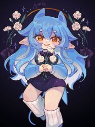  1girl bimas bimas_(vtuber) blue_hair dress flower flower_request highres long_hair looking_at_viewer multicolored_hair open_mouth pointy_ears purple_ribbon ribbon short_dress smile tail virtual_youtuber white_flower yellow_eyes 