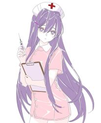  1girl alternate_costume bright_pupils buttons clipboard collared_dress commentary cowboy_shot cross doki_doki_literature_club dress english_commentary hair_between_eyes hair_intakes hair_ornament hairclip hand_up hat highres holding holding_clipboard holding_syringe legs_together light_blush long_hair long_sidelocks nurse nurse_cap parted_lips pink_dress purple_hair rachel_campbell raised_inner_eyebrows red_cross short_dress sidelocks simple_background solo standing syringe very_long_hair violet_eyes white_background white_pupils yuri_(doki_doki_literature_club) 