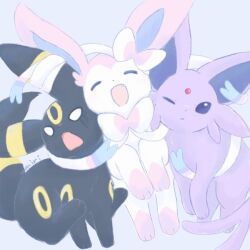  :d animal_focus black_fur blue_background bow espeon facial_mark fang forehead_jewel forehead_mark forked_tail full_body looking_at_viewer no_humans one_eye_closed open_mouth pokemon pokemon_(creature) pokemon_focus purple_fur ribbon rioon_fish simple_background sitting smile sylveon tail umbreon white_fur yellow_fur 