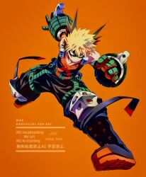  1boy aobi_3814 bakugou_katsuki black_boots black_pants black_shirt blonde_hair boku_no_hero_academia boots commentary explosive eye_mask fighting_stance full_body gloves green_gloves grenade highres knee_guards legs_apart looking_ahead male_focus mask multicolored_boots multicolored_gloves orange_background orange_boots orange_gloves outstretched_arms pants red_eyes sanpaku shirt short_hair simple_background solo spiky_hair superhero_costume toned toned_male twitter_username two-tone_boots two-tone_gloves untranslatable_commentary watermark 