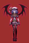  alternate_costume bad_id bat_wings gloves hat highres kansou_samehada kei_t_sr light_smile lips purple_hair red_eyes remilia_scarlet short_hair simple_background solo standing tattoo toes touhou wings wristband 
