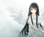  angel_wings black_hair blue_eyes long_hair original robe snow solo ujou_kazuki wings 