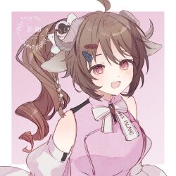  1girl :d animal_ears arknights bare_shoulders blush breasts brown_hair commentary_request curly_hair detached_sleeves eyjafjalla_(arknights) eyjafjalla_the_hvit_aska_(arknights) figmnts hair_ornament hairclip highres horns long_hair official_alternate_costume open_mouth pink_background pink_eyes pink_shirt sheep_ears sheep_girl sheep_horns shirt side_ponytail simple_background sleeveless sleeveless_shirt small_breasts smile solo white_sleeves 