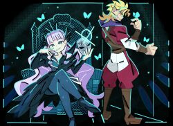  black_crown black_dress blonde_hair blue_butterfly blue_pantyhose blunt_bangs blush bourbunbun braid bug butterfly butterfly_wing_(love_live!) crossover crown dio_brando dress glowing_butterfly green_eyes hair_ornament halftone highres jojo_no_kimyou_na_bouken long_hair long_sleeves looking_at_viewer love_live! love_live!_superstar!! muscular pantyhose phantom_blood purple_hair smile wavy_hair wien_margarete wing_hair_ornament 