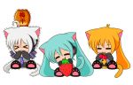  &gt;_&lt; akita_neru animal_ears catgirl cherries chibi hatsune_miku headphones possible_duplicate strawberry suzunonaruki tail vocaloid white yowane_haku 