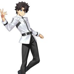  1boy belt black_belt black_hair black_pants black_shoes blue_eyes buttons clenched_hand closed_mouth collared_shirt command_spell fate/grand_order fate_(series) feet_out_of_frame fingernails fujimaru_ritsuka_(male) fujimaru_ritsuka_(male)_(normal_chaldea_uniform) hair_between_eyes hand_up long_sleeves looking_at_viewer male_focus non-web_source official_art pants shirt shoes short_hair simple_background smile solo standing takeuchi_takashi transparent_background white_shirt 