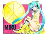  aqua_eyes aqua_hair boots character_name clow food fruit fruit_background hatsune_miku headphones headset knee_boots lemon long_hair project_diva project_diva_2nd sitting smile solo twintails very_long_hair vocaloid yellow_(vocaloid) 
