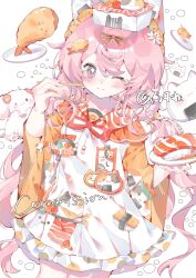  1girl absurdres animal_ears blush bow cat_ears chopsticks chun_jian_he closed_mouth cowboy_shot dress english_text fish_(food) flower food food-themed_hair_ornament food_art hair_bow hair_flower hair_ornament highres holding holding_chopsticks holding_plate long_hair long_sleeves looking_at_viewer one_eye_closed onigiri original pink_eyes pink_hair plate rice shrimp shrimp_tempura smile solo sushi tempura very_long_hair white_background white_dress wide_sleeves 