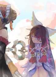  2girls artist_name bare_legs bare_shoulders black_bow black_dress black_hair bonnet bow brown_hair clockwork closed_eyes closed_mouth clouds columbina_(genshin_impact) dress eye_mask genshin_impact hair_ornament head_wings highres kitsunetenma long_hair mask multicolored_hair multiple_girls multiple_wings purple_hair purple_streaks ribbon sandrone_(genshin_impact) streaked_hair two-tone_hair very_long_hair white_bow white_dress white_wings wing_hair_ornament wings x-shaped_eyewear yuri 