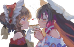  2girls bare_shoulders black_bow black_collar black_hair blue_eyes blush bonnet bow brown_hair closed_eyes closed_mouth collar columbina_(genshin_impact) commentary cup detached_collar detached_sleeves dress english_commentary eye_mask from_side genshin_impact gloves hair_ornament hair_ribbon head_wings heart holding holding_cup kitsunetenma long_hair mask multicolored_hair multiple_girls multiple_wings purple_hair purple_streaks ribbon sandrone_(genshin_impact) simple_background streaked_hair two-tone_hair white_background white_dress white_gloves white_wings wing_hair_ornament wings x-shaped_eyewear yuri 