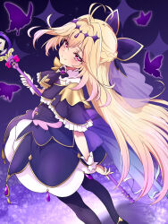  1girl amenu_415 antenna_hair black_bow black_bowtie black_capelet black_dress blonde_hair blush bow bowtie bug butterfly capelet closed_mouth commentary_request crossed_bangs cure_arcana_shadow diamond_hairband dress frilled_dress frills gem gradient_hair hair_between_eyes hair_intakes head_tilt heart-shaped_gem highres holding holding_staff index_finger_raised looking_at_viewer mage_staff magical_girl meitantei_precure! moria_luluka multicolored_hair pink_hair precure purple_butterfly purple_gem smile solo staff violet_eyes 