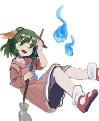  1girl animal_ears arm_out_of_sleeve blush blush_stickers broom dog_ears dog_girl dress floating flower_ornament green_hair highres holding holding_broom kasodani_kyouko mary_janes oreoppi pink_dress red_shoes shirt shoes short_hair simple_background smile socks spirit teeth third-party_source touhou upper_teeth_only white_background white_shirt white_socks 