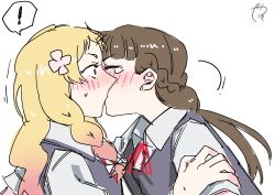  2girls blonde_hair blush braid brown_hair closed_eyes commentary gradient_hair highres kiss logo love_live! love_live!_superstar!! minecraft_youtube multicolored_hair multiple_girls neck_ribbon onitsuka_natsumi quackity_smp red_eyes red_ribbon ribbon sakurakoji_kinako school_uniform shirt surfacedxxc upper_body white_background white_shirt yuigaoka_school_uniform yuri 