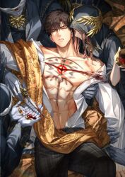  4boys abs absurdres bare_pectorals blood brown_hair chest_tattoo collarbone cup curtained_hair game_cg highres holding holding_knife hood hood_up jewelry knife light_and_night_love long_sleeves looking_at_viewer lu_chen male_focus multiple_boys muscular navel non-web_source official_art open_clothes open_shirt pants parted_lips pectorals pink_hair protagonist_(light_and_night_love) red_eyes robe shirt tattoo white_shirt 