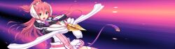  1girl :o aiming armor arrow_(projectile) bow_(weapon) dress en_ciel_rena en_ciel_rena_(sin) floating_hair game_cg gloves hair_ornament headgear holding holding_bow_(weapon) holding_weapon kourin_tenshi_en_ciel_rena large_variant_set long_hair non-web_source official_art open_mouth pink_eyes pink_hair ponytail red_hair saitou_natsuki self-datamine skirt solo space suhamaya surprised thigh-highs tomoe_rena v-shaped_eyebrows variant_set weapon white_gloves wide-eyed zettai_ryouiki 
