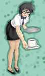  black_hair closed_eyes copyright_request cup eyes_closed fashion glasses leaning_forward open_mouth pantyhose saucer sheer_legwear short_hair skirt solo spoon tray uraharukon waitress 