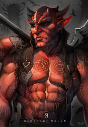  1boy abs arm_tattoo armor artist_name axe bald battle_axe black_sclera chainmail character_name chest_tattoo colored_sclera colored_skin commentary demon demon_boy earrings english_commentary extra_arms grey_sky highres holding holding_axe horns jewelry looking_to_the_side male_focus mehrunes_dagon muscular muscular_male outdoors pointy_ears red_eyes red_skin shoulder_armor sky stomach_tattoo tattoo the_elder_scrolls the_elder_scrolls_iv:_oblivion topless_male tower twai upper_body weapon 