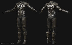  3d armor armored_bodysuit armored_boots boots commentary company_logo company_name copyright_logo copyright_name dark_background dated english_commentary eve_online from_behind full_body gloves grey_armor grey_background grey_theme highres logo marmoset_toolbag_(medium) maya_(medium) multiple_views no_humans official_art realistic science_fiction simple_background undoz 