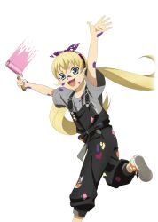  1girl artist_request black_overalls blonde_hair blue_eyes child foot_out_of_frame game_cg grey_shirt holding long_hair looking_at_viewer official_alternate_costume official_alternate_hairstyle official_art open_mouth orange_shoes overalls paint_on_body paint_on_clothes paint_on_hands paint_splatter paint_splatter_on_face paint_stains patty_fleur patty_fleur_(artist)_(tales) shirt shoes simple_background smile solo standing standing_on_one_leg tales_of_(series) tales_of_asteria tales_of_festival tales_of_festival_2019 third-party_source transparent_background twintails 