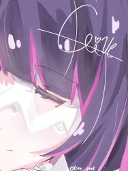  1girl black_hair bow bowtie close-up closed_eyes closed_mouth columbina_(genshin_impact) commentary_request eye_mask genshin_impact highres mask multicolored_hair olive_1001 purple_hair purple_streaks see-through_clothes see-through_mask smile solo streaked_hair two-tone_hair white_mask x-shaped_eyewear 