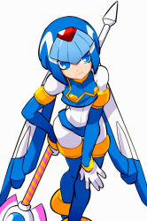  1girl armor blue_armor blue_eyes blue_helmet cowboy_shot fairy_leviathan_(mega_man) forehead_jewel helmet highres holding holding_polearm holding_weapon mega_man_(series) mega_man_zero_(series) omeehayo polearm simple_background solo spear standing weapon white_background 