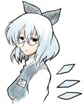  adult bespectacled black_eyes blue_hair cirno glasses koopo name_tag office_lady short_hair solo touhou wings 