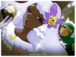  2girls :o border closed_mouth collarbone commentary dark-skinned_female dark_skin gloves green_hair grey_hair half-closed_eyes hands_up headdress holding holding_poke_ball jacinthe_(pokemon) lebanne_(pokemon) long_hair luxury_ball mayotsunamayo multiple_girls no_pupils open_mouth outside_border poke_ball pokemon pokemon_legends:_z-a sparkle teeth tilted_headwear twitter_username upper_teeth_only white_border 