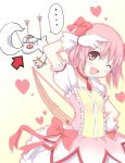  :d arrow bow_(weapon) darkside directional_arrow gloves kaname_madoka kyubey kyuubee magical_girl mahou_shoujo_madoka_magica open_mouth pink_eyes pink_hair salute short_hair smile weapon wink 