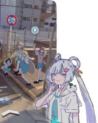  5girls animal_on_shoulder ayatsumugi_roka black_hair blonde_hair blue_skirt brown_hair cho_kaguya-hime! closed_eyes commentary_request double_v finger_to_mouth fushi_(cho_kaguya-hime!) google_maps google_street_view grey_hair hair_rings high_school_girls_posing_for_google_street_view_(meme) highres isayama_mami kaguya_(cho_kaguya-hime!) kigashi long_hair looking_at_viewer meme multiple_girls open_mouth posing red_eyes red_hair runami_yachiyo sakayori_iroha school_uniform short_sleeves shushing skirt smile squatting standing standing_on_one_leg twintails v very_long_hair 