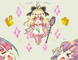  3girls akechi_anna alternate_costume antenna_hair blonde_hair chibi chibi_only commentary_request cure_answer cure_arcana_shadow cure_mystique food_print holding holding_rod ice_cream_print kobayashi_mikuru looking_at_viewer magical_girl meitantei_precure! moria_luluka multiple_girls pajamas pink_hair pink_pajamas precure purple_veil rod saiguchi_otoufu tear_arcana_rod veil violet_eyes 