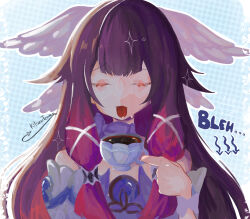  1girl artist_name bare_shoulders black_hair blue_background bow closed_eyes columbina_(genshin_impact) commentary cup dress drink english_commentary english_text eye_mask genshin_impact hair_ornament hair_ribbon head_wings highres holding holding_cup kitsunetenma long_hair mask multicolored_hair multiple_wings purple_hair purple_streaks ribbon solo streaked_hair tongue tongue_out two-tone_hair white_bow white_dress white_wings wing_hair_ornament wings x-shaped_eyewear 