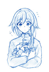  1girl ballpoint_pen_(medium) commentary_request crossdressing crossdressing_(ftm) fu_hua gakuran gift highres holding holding_gift honkai_(series) honkai_impact_3rd jacket jingwei_(bird) long_sleeves mon_momu pen_(medium) school_uniform semi-rimless_eyewear solo traditional_media upper_body white_background 