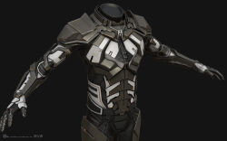  3d armor armored_bodysuit commentary company_logo company_name copyright_logo copyright_name cowboy_shot dark_background dated english_commentary eve_online grey_armor grey_background grey_theme highres logo marmoset_toolbag_(medium) maya_(medium) no_humans official_art realistic science_fiction simple_background undoz 