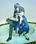  black_legwear blue_eyes blue_hair book bow chair clock elizabeth elizabeth_(persona) hair_over_one_eye hat headphones koshi_anko pantyhose persona persona_3 ribbon short_hair smile white_hair yellow_eyes 