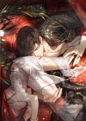  1boy 1girl absurdres bracelet brown_hair china_dress chinese_clothes cuffs curtained_hair dress game_cg handcuffs hetero highres jewelry light_and_night_love light_particles lu_chen lying non-web_source official_art on_side open_clothes pectorals pink_hair protagonist_(light_and_night_love) red_eyes ring see-through_clothes sleeping tassel tattoo white_dress 
