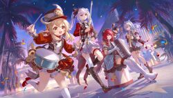  4girls absurdres achyue black_shorts blonde_hair boots breasts bronya_zaychik bronya_zaychik_(herrscher_of_truth) commentary dress drum english_commentary green_eyes grey_eyes grey_hair highres holding holding_instrument honkai:_star_rail honkai_(series) honkai_impact_3rd instrument instrument_request klee_(genshin_impact) los_angeles mihoyo multiple_girls night palm_tree pointy_ears raccoon red_dress red_eyes red_hair shorts simple_background small_breasts smile socks sparkle_(honkai:_star_rail) sparxie_(honkai:_star_rail) thighs tree twintails ukinami_yuzuha white_boots white_dress white_hair white_socks zenless_zone_zero 