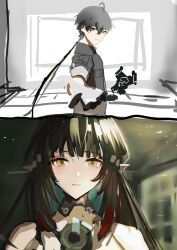  1boy 1girl absurdres arknights arknights:_endfield black_gloves black_hair black_jacket closed_mouth colored_inner_hair crossover gloves green_hair highres jacket long_hair looking_at_viewer male_rover_(wuthering_waves) multicolored_hair offering_hand parted_lips pointy_ears porroll rover_(wuthering_waves) sidelocks smile tearing_up wuthering_waves yellow_eyes zhuang_fangyi_(arknights) 