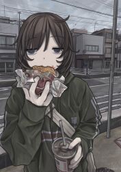  1girl absurdres bag brown_hair building burger cup disposable_cup dot_nose drinking_straw eating food food_on_face food_wrapper green_hoodie grey_eyes gudon_udon half-closed_eyes hand_up highres holding holding_burger holding_cup holding_food hood hoodie long_sleeves medium_hair messy_hair original outdoors overcast power_lines radio_antenna railing raised_eyebrows road satchel sign sky solo street town upper_body window 
