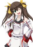  blush brown_hair fang green_eyes hair_ribbon hands_on_hips highres huang_lingyin infinite_stratos open_mouth ribbon smile solo standing twintails uniform wink 